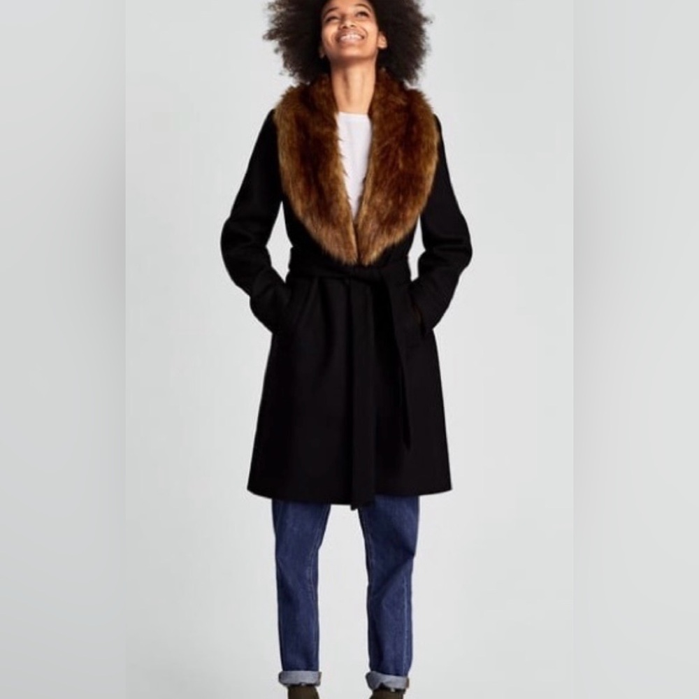 Zara Black Trench Coat with Faux Fur Collar